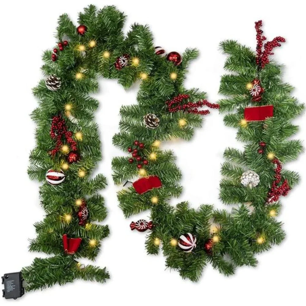 9 FT Artificial Christmas Garland, Pre-Lit 50 LED Battery Operated with 8 Modes